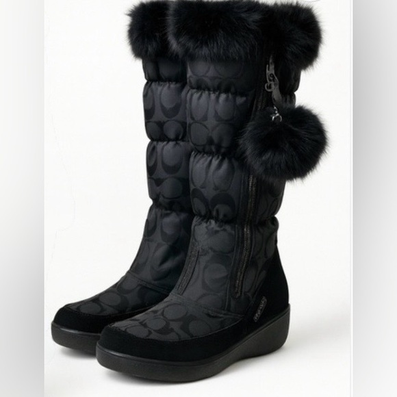 Coach Shoes - Coach Black Signature Theona Jacquard Winter boots with Fur Trim and Pom Poms